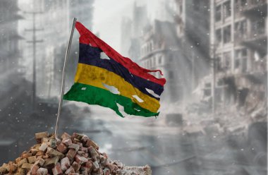 Dirty and torn Mauritius flag, symbol of resistance and victory. A scene of war and devastation, the ruins of a city destroyed by conflicts. 3D Rendering. clipart