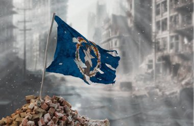 Dirty and torn Northern Mariana Islands flag, symbol of resistance and victory. A scene of war and devastation, the ruins of a city destroyed by conflicts. 3D Rendering. clipart