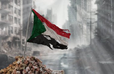 Kirli ve yırtık Sudan bayrağı, direnişin ve zaferin sembolü. Bir savaş ve yıkım sahnesi, çatışmalar tarafından yıkılan bir şehrin kalıntıları. 3B Hazırlama.