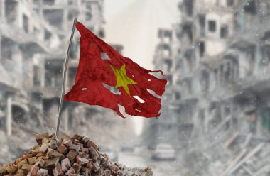 Dirty and torn Vietnam flag, symbol of resistance and victory. A scene of war and devastation, the ruins of a city destroyed by conflicts. 3D Rendering. clipart