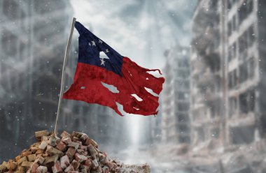 Dirty and torn Western Samoa flag, symbol of resistance and victory. A scene of war and devastation, the ruins of a city destroyed by conflicts. 3D Rendering. clipart