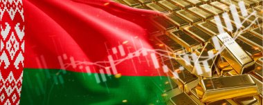 Belarus bayrağı olan altın külçeler. Harita sadece değerli metaller stokluyor. Ulusal döviz rezervi bankacılık ekonomi sistemi. Altın rezerv. 3d resim
