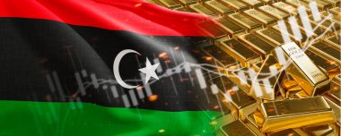 Libia bayrağı olan altın külçeler. Harita sadece değerli metaller stokluyor. Ulusal döviz rezervi bankacılık ekonomi sistemi. Altın rezerv. 3d resim