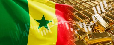 Senegal bayrağı olan altın külçeler. Harita sadece değerli metaller stokluyor. Ulusal döviz rezervi bankacılık ekonomi sistemi. Altın rezerv. 3d resim
