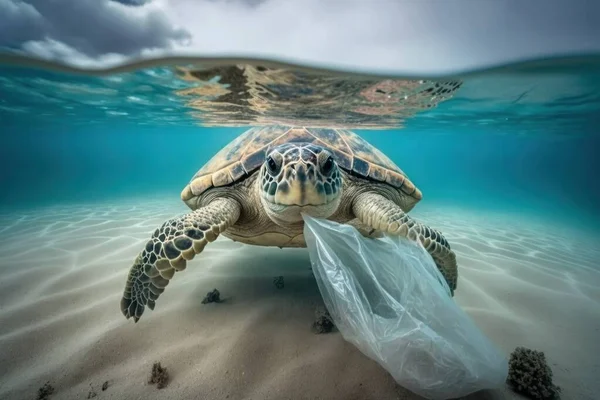 turtle swimming with a plastic bag stuck on it. Metaphor on the danger of plastic waste in the seas. Plastic pollution in ocean environmental problem. Turtles can eat plastic bags mistaking them for jellyfish