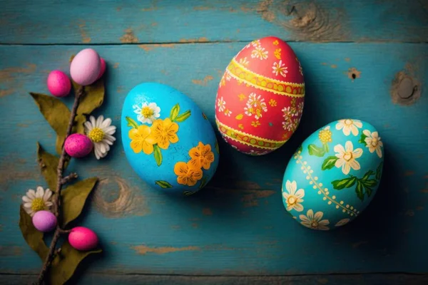 view of easter eggs in various patterns on a wooden floor decorated in retro style