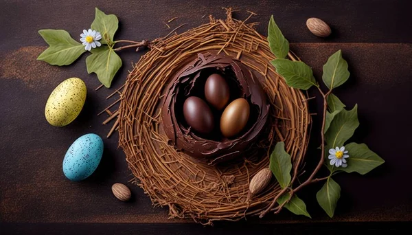 Easter eggs in various patterns and colors in a bird\'s nest placed on a wooden floor decorated in retro style