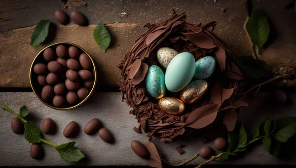 Easter eggs in various patterns and colors in a bird's nest placed on a wooden floor decorated in retro style