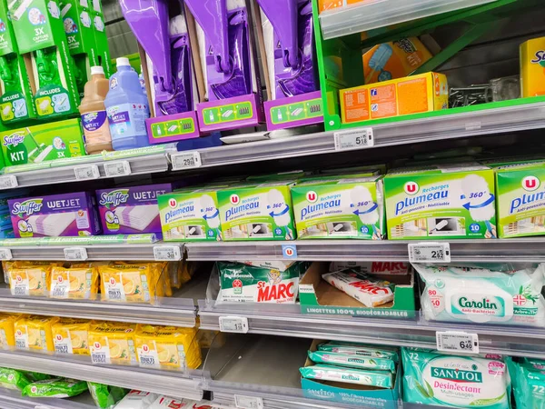 Puilboreau France October 2020 Supermarket Aisle Cleaning Wipes Disinfectant Products — Stock Photo, Image