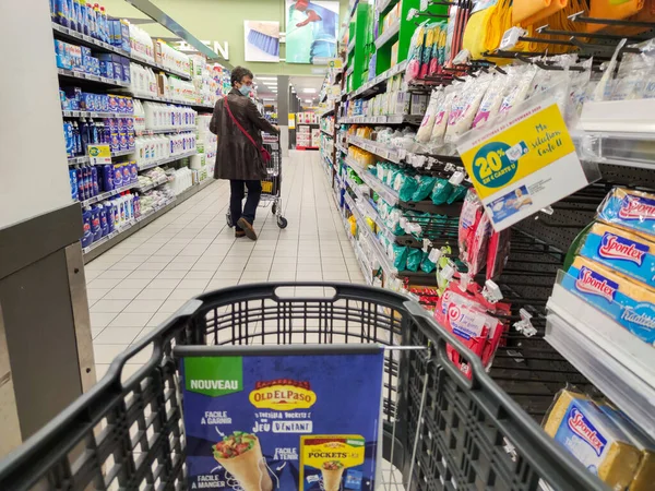 Puilboreau França Outubro 2020 Vista Geral Corredor Produtos Domésticos Supermercado — Fotografia de Stock