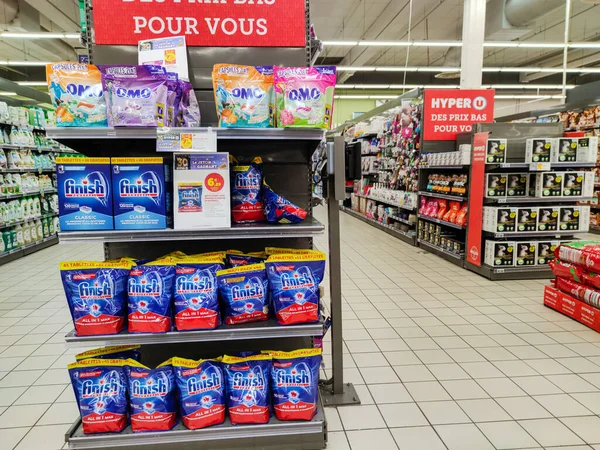 Puilboreau France October 2020 Dishwashing Product Promotion Supermarket End Cap — Stock Photo, Image