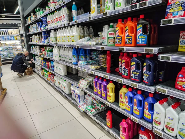 Cirurgiões França Outubro 2020 Fila Corredor Líquido Limpeza Drenos Supermercado — Fotografia de Stock