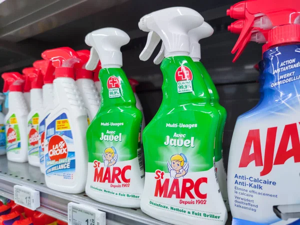 Puilboreau France October 2020 Row Household Cleaning Products French Supermarket — Stock Photo, Image
