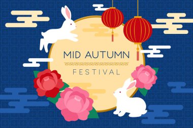 Sonbahar ortası festivali afişi, mavi arka planda tavşan, şakayık ve Çin feneri, Çin tarzı ve Mooncake festivali için sanat tasarımı vektörü.
