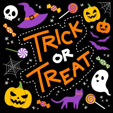 Cadılar Bayramı 'nız kutlu olsun. Siyah zemin, balkabağı, hayalet, şeker, örümcek ağı, kafatası, kedi, cadı şapkası, yarasa ve harf dizaynlı şirin afişler..