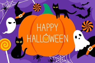 Ortasında büyük balkabağı olan Cadılar Bayramı bayrağınız kutlu olsun. Güzel hayaletler, siyah kediler, örümcek ağı, tatlı şeker ve mor arka planda cadı şapkaları ile süsleyin..