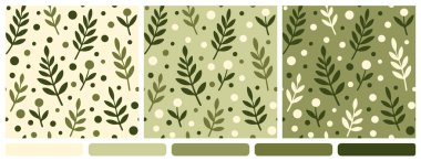 Zeytin yaprakları ve puantiyeli vektörsüz desen. Minimalist tarzda. Işık ve koyu zeytin arkaplanda elementlerin yeşil gölgeleri. Modern doğadan esinlenilmiş kavramların basit tasarımı