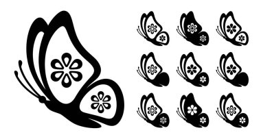 Çiçekli kanatlı kral kelebekleri yan görünüşlü vektör seti. Mevsimsel dekor ve doğadan esinlenilmiş sanat için çağdaş tasarım ideali. Çıkartmalar, simgeler veya baskılar için minimalist tasarım