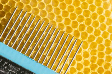 Arıcı çatalı ve bal peteği. Bir arı yetiştiricisi aleti. Bal pompalıyorum. Arıcılık konsepti.