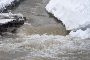 Kışın sonu. Dağdaki nehirde fırtınalı bir su akıntısı.