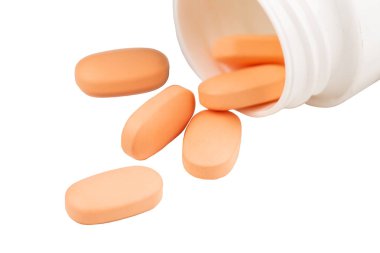 Pembe ağrı kesiciler ve beyaz şişeler.