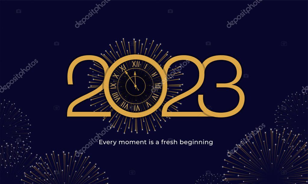 2023 Happy New Year Poster Background. Golden Clock Ring with Elegant Classy Typography Line Vector Illustration for Greeting Card, Banner, Backdrop Template Design