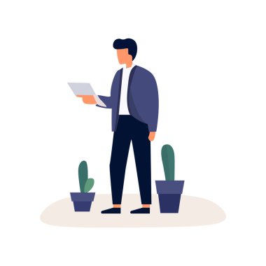 Sıradan çalışan işadamı tablet okuyor. Bitki özgeçmişi var. Küçük insanlar düz çizim yapıyor.