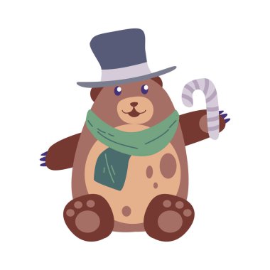 Mutlu ayı eşarp ve sihirbaz şapkası takıyor ve çubuk şeker çubuğu karakter çizimi yapıyor.