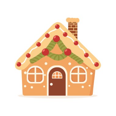 Süslü, tatlı, şeker vektörü düz çizim tasarımlı zencefilli ev kurabiyesi.