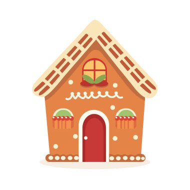 Süslü, tatlı, şeker vektörü düz çizim tasarımlı zencefilli ev kurabiyesi.