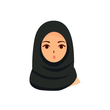 Şaşırtıcı yüz ifadesi vektör düz çizimi olan tesettürlü Müslüman kadın. Eşarp peçesi takan bir kız modern moda karakteri tasarımı.
