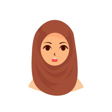 Şaşırtıcı yüz ifadesi vektör düz çizimi olan tesettürlü Müslüman kadın. Eşarp peçesi takan bir kız modern moda karakteri tasarımı.