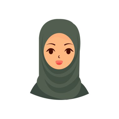 Güzel, mutlu, tesettürlü, başörtüsü takan Müslüman kadın İslami kıyafet vektörü düz çizim.