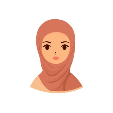 Şaşırtıcı yüz ifadesi vektör düz çizimi olan tesettürlü Müslüman kadın. Eşarp peçesi takan bir kız modern moda karakteri tasarımı.