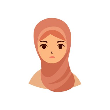 Üzgün yüz ifadesi vektör düz çizimi olan tesettürlü Müslüman kadın. Eşarp peçesi takan bir kız modern moda karakteri tasarımı.