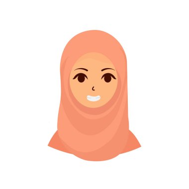 Güzel, mutlu, tesettürlü, başörtüsü takan Müslüman kadın İslami kıyafet vektörü düz çizim.
