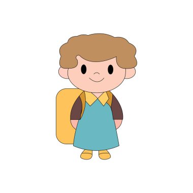 Mutlu gülümseme öğrenci yürüyüşü okula giderken sırt çantasında vektör karalama çocuk resimleri taşıyordu..