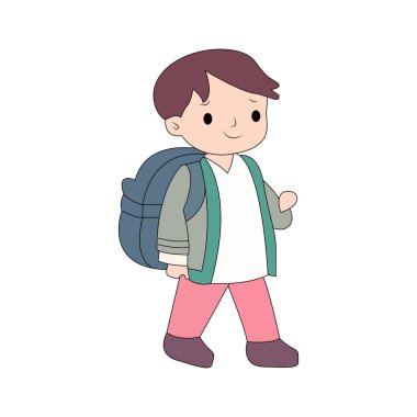 Mutlu gülümseyen öğrenci yürüyüşü okula giderken sırt çantasında vektör karalama çocuk resimleri taşıyordu..