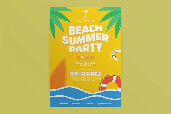 Praia Verão Festa Plana Design Folheto Dia Ensolarado Mar Onda — Vetor de Stock