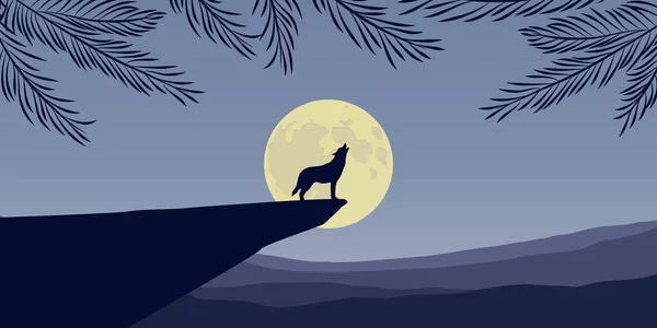 Wolf Huilt Bij Volle Maan Natuur Landschap Vector Illustratie Eps10 — Stockvector