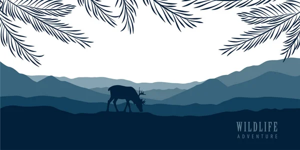 Wildlife Deer Forest Mountain View Blue Nature Landscape Vector Illustration — Stock Vector