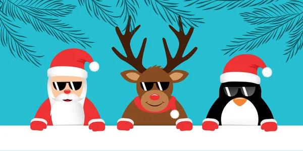 Niedliche Rentier Weihnachtsmann Und Pinguin Mit Sonnenbrille Weihnachten Cartoon Vektor — Stockvektor
