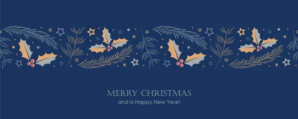 Weihnachtsgrußkarte Banner Mit Tannenzweigen Und Stechpalmenranke Vektor Illustration Eps10 — Stockvektor