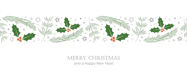 Weihnachtsgrußkarte Banner Mit Tannenzweigen Und Stechpalmenranke Vektor Illustration Eps10 — Stockvektor