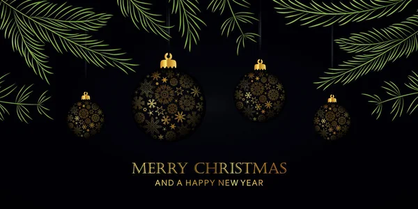 Χρυσό Και Μαύρο Πολυτελές Μπάλα Χριστουγεννιάτικη Διακόσμηση Νιφάδες Χιονιού Εικονογράφηση — Διανυσματικό Αρχείο
