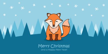 Karlı kış manzaralı şirin tilkiyle Noel tebrik kartı EPS10 tasviri