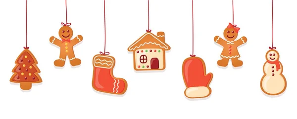 Vánoční Přání Věšením Perník Cookies Dekorace Izolované Bílém Vektoru Ilustrace — Stockový vektor