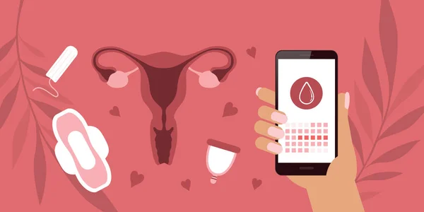 Female Hygiene Products Menstruation Mobile Phone App Calendar Vector Illustration — Vetor de Stock