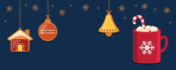 Weihnachtskarte Mit Hängenden Lebkuchen Und Kakaogetränk Vektor Illustration Eps10 — Stockvektor