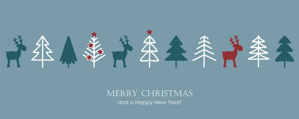 Μπλε Χριστουγεννιάτικο Πανό Χαιρετισμού Ελάφι Έλατο Και Νιφάδα Διακόσμηση Διάνυσμα — Διανυσματικό Αρχείο